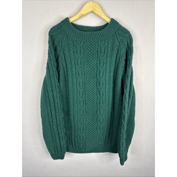 Hand Knit Cable Wool Fisherman Sweater Green Chunky Knit Men’s XL - Picture 1 of 5